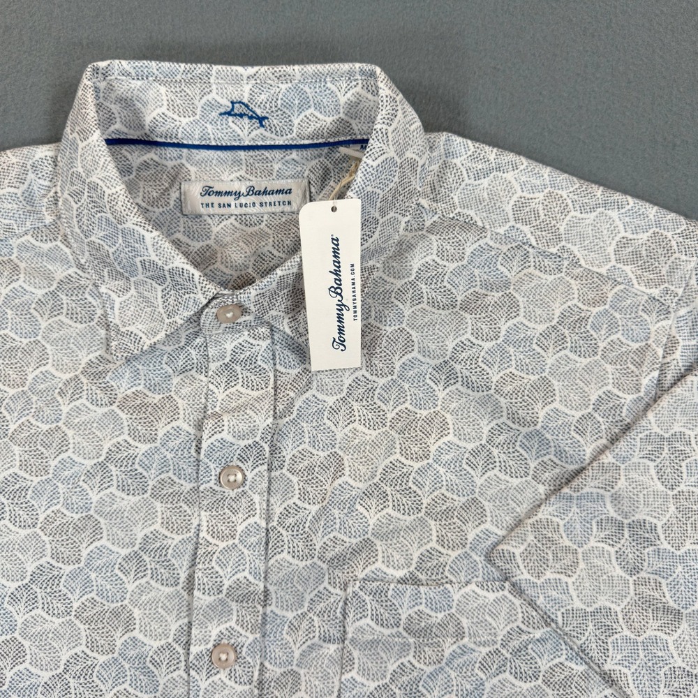 Tommy Bahama San Lucio Stretch Blue White Geometric Print Short Sleeve Shirt M